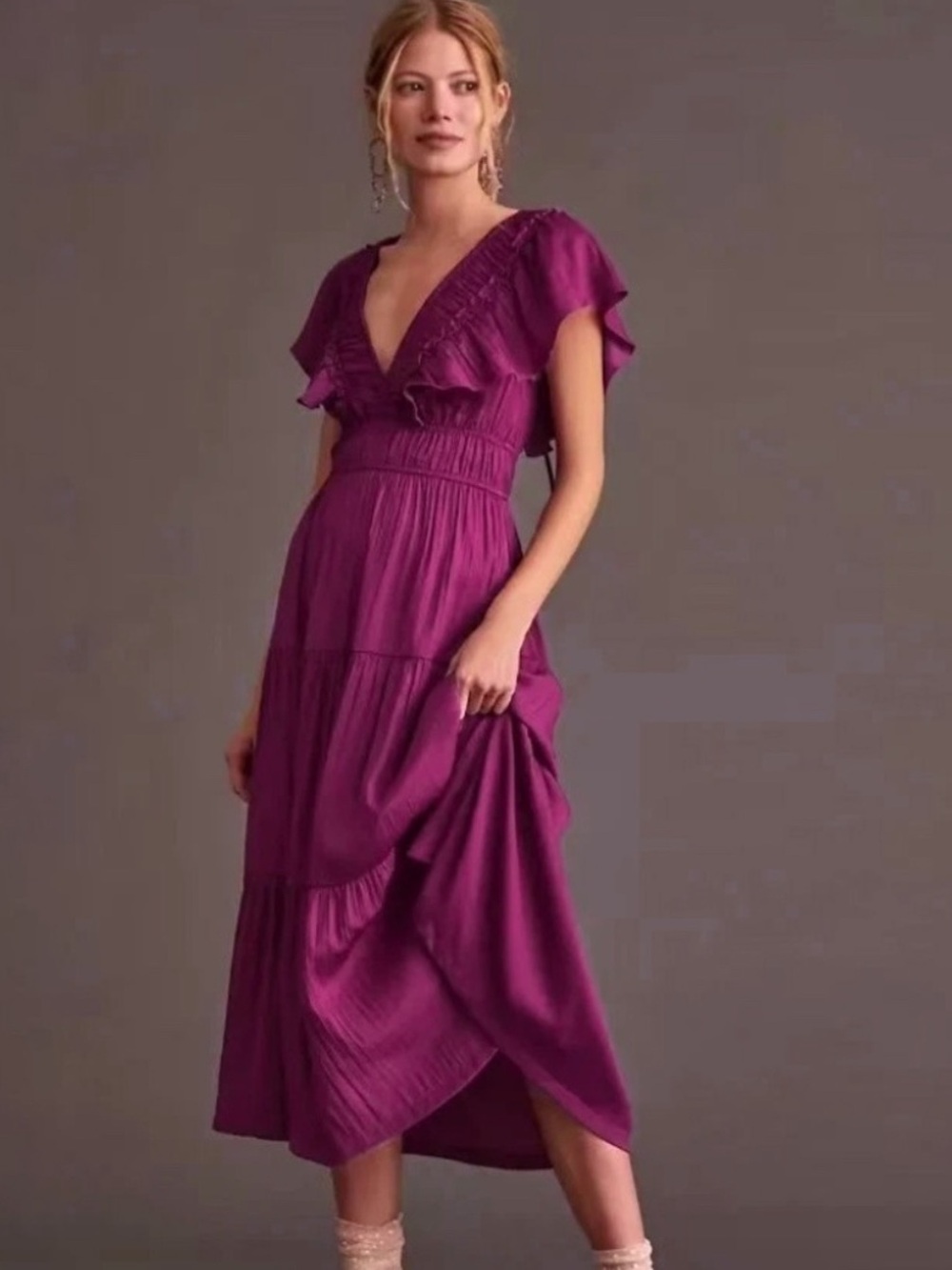 Anthropologie Ruffled Tiered Satin Feel Midi Dress, size small